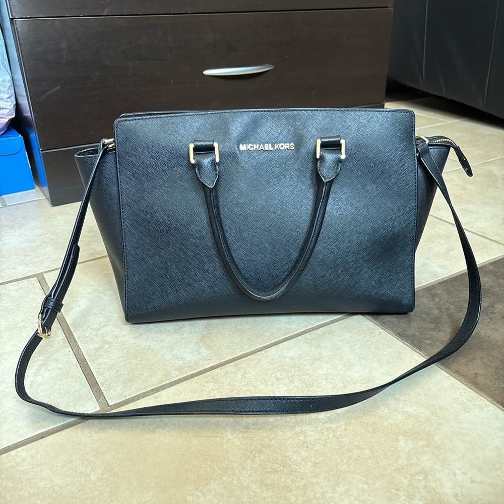 Michael Kors Black Saffiano Leather Satchel with Gold Hardware